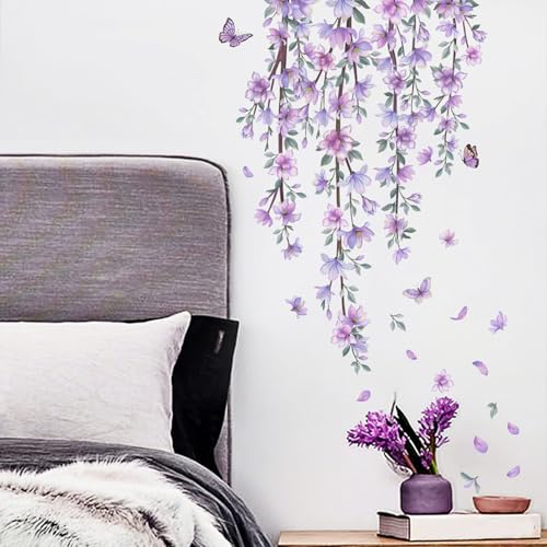 Hanging Purple Flower Wall Stickers Vine Floral Wall Decals for Girls Kids Bedroom Nursery Living Room TV Wall Decor