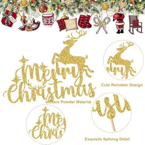 Christmas Cake Topper Handmade Reindeer Cake Decorations Gold Glitter Merry Christmas Cake Toppers for Winter Holiday Xmas Eve Theme Party Supplies DIY Dessert Decoration 8 Packs