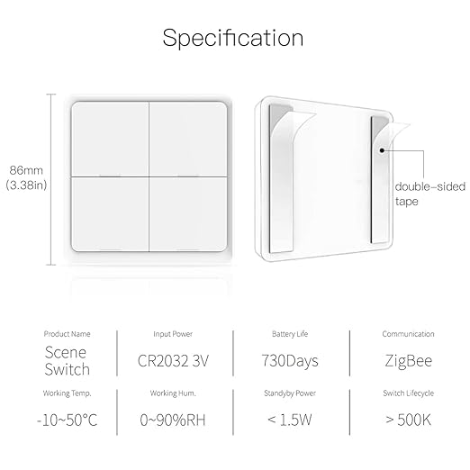 MOES Wireless Smart Scene Switch Button, Require MOES HUB, Zigbee Connection Tuya Battery Powered Included 12 Scene Controller Light Switch for Smart Home Automation 4 Gang White