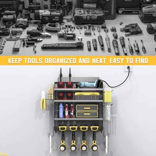 Drill Holder Wall Mount with 8-Outlet Charging Station, 190lbs Load 4 Layers Carbon Steel Heavy Duty Power Tool Organizer Wall Mount for Garage & Workshop, 4 Drill Holders, Modular Pegboard Rack