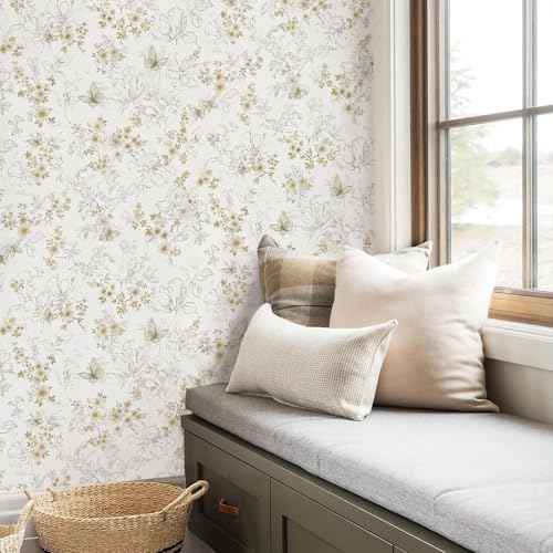 Vintage Peel and Stick Wallpaper Floral Boho Contact Paper for Cabinets Wildflower Neutral Self Adhesive Contact Paper Butterfly Removable Waterproof Wallpaper Bathroom Bedroom 17.3inW 78.7inL