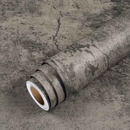 Livelynine Moody Concrete Wallpaper Peel and Stick Industrial Modern Brown Black Limewash Wallpaper Waterproof Dark Aged Cement Wall Mural Removable Cracked Concrete Contact Paper Vinyl 15.8x78.8