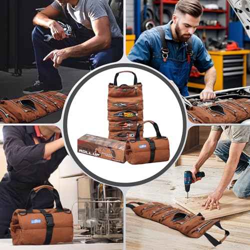 LETINE Crest Canvas Tool Bag - Large Capacity Portable Roll up Bag with Premium Rust-Proof Zippers, Reinforced Stitching - Compact Tool Organizer Gift for Dads, Mechanics, Electricians