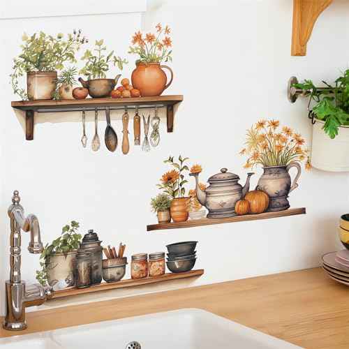Green Plants Flowers Potted Wall Stickers, sacinora Kitchenware Utensil Painted Wall Decals Removable Vinyl Peel and Stick for Kitchen Dining Restaurant Baking Room Bar Art Decorations