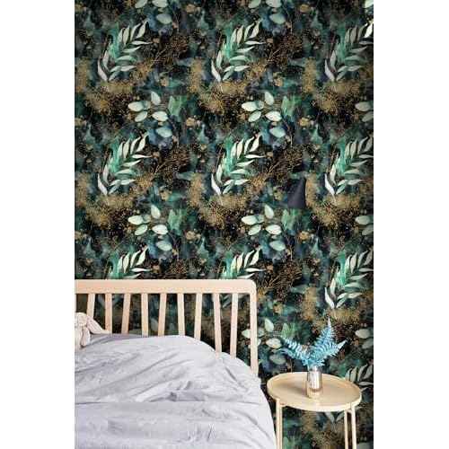 HAOKHOME Peel and Stick Wallpaper Boho Forest Vintage Removable Black/Green/Matte Gold Vinyl Self Adhesive Mural for Bedroom 17.7in x 6.5ft