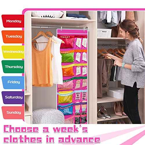 Oudain 2 Pcs Weekly Kids Clothes Organizer 59.5" x 18" Large with 14 Pockets Day of Week School Clothing Storage Monday to Friday Hanging Closet Organizer to Prepare a Week of Your Children(Purple)