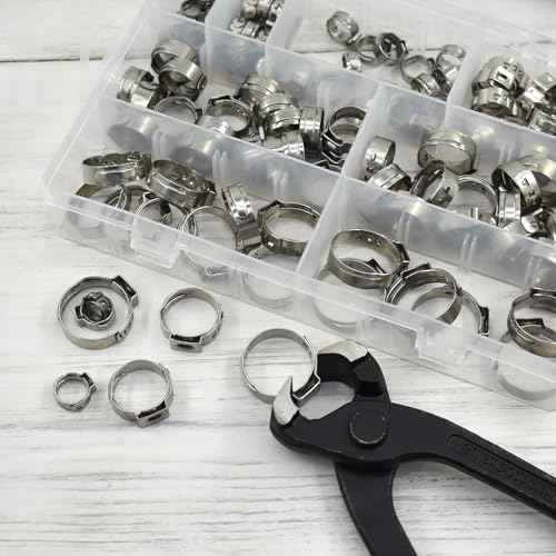 130pcs Heavy Duty PEX clamp Assortment Kit with Pliers, Stainless Steel Single Ear Hose Clamps 1/4"- 0.92"(6-23.5mm), PEX Cinch Crimp Rings Pinch Clamps for Water Pipe, Plumbing and Automotive Use