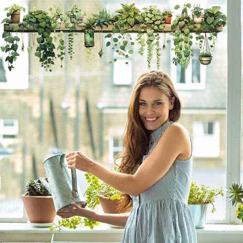 Nature Green Plants Peel and Stick Wall Decals Wallpaper, Removable Wall Decals Shelves Green Plants Vinyl Art Wall Stickers & Murals for Living Room Kitchen Bathroom Decoration (A-Green)