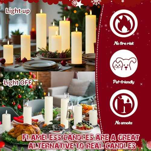 Retisee 8 Pcs Christmas LED Flameless Pillar Candles with Remote Battery Operated 3D Wick Flickering Fireplace Candle Indoor Decoration for Fall Christmas Winter, Ivory (4,6,8,and 10 Inches)