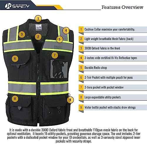 JKSafety Hi-Vis Unisex Surveyor Safety Vest Heavy Duty PPE Inner Pockets ANSI/ISEA Compliant