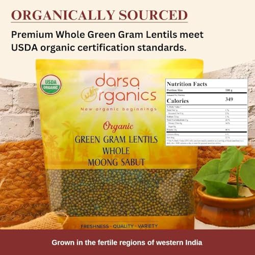 Darsa Organics Whole Green Moong (Mung) Bean Lentils 2 lb – USDA Organic, Non-GMO, Kosher, Gluten-Free | Protein & Fiber Rich | Perfect for Sprouting, Soups & Salads