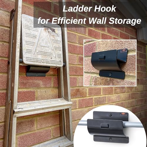 Ladder Hanger set of 2 For Garage Wall - Black Heavy Duty Utility Hook For Wall Mount Ladder Storage. Versatile Tool Holder To Maximize Space In Shed, Workshop, Garden, Hang Wheelbarrow, Folding Chair