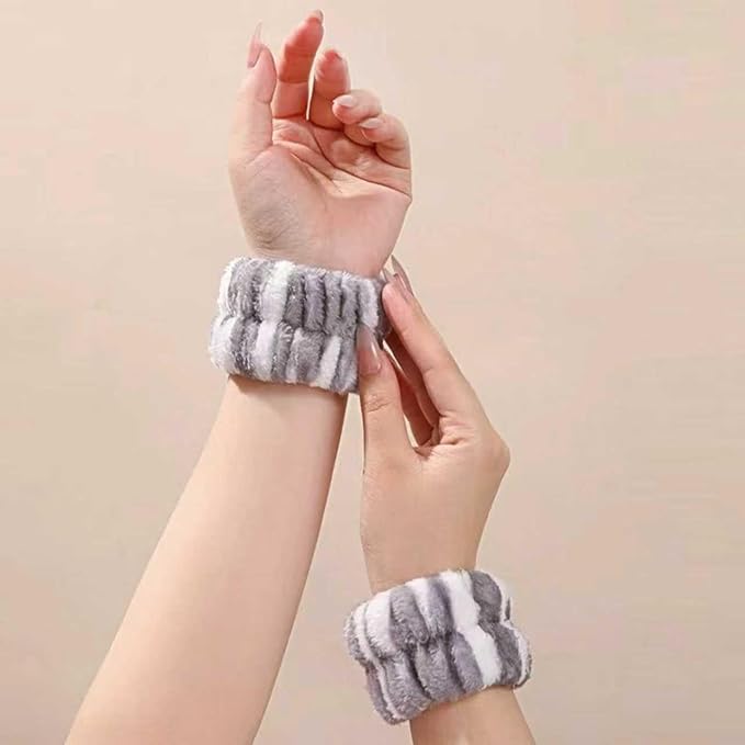 Cute Spa Headband and Wristband Set for Women Kawaii Cat Ear Gray Makeup Headband for Washing Face (3PCS, Gray)