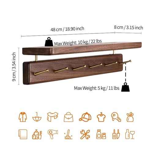 Solid Wood Shelf with Hooks, 19 inch Coat Rack Wall Mount, Shelves with 6 Brass Hooks for Hanging in Entryway, Living Room, Bathroom, Bedroom, Kitchen(Walnut)