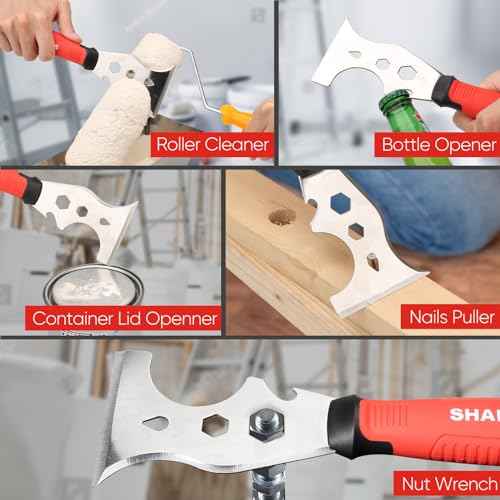 SHALL 8-In-1 Paint Scraper, Stainless Steel Paint Remover Scraper Tool, Putty Knife with Hammer End and Comfort Handle, Metal Spackle Scraper for Removing Drywall Paint, Caulk, Wood, Wallpaper