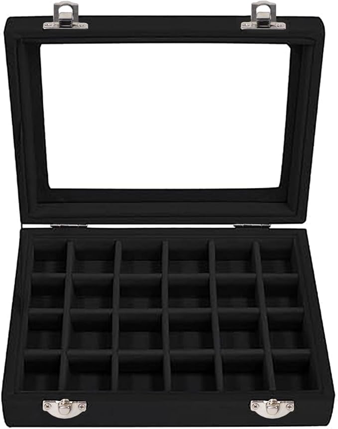Velvet Jewelry Box 24 Grid Jewelry Earrings Display Organiser Box Ring Tray Holder Earrings Storage Case for Girls Women Wife Mom (Black)