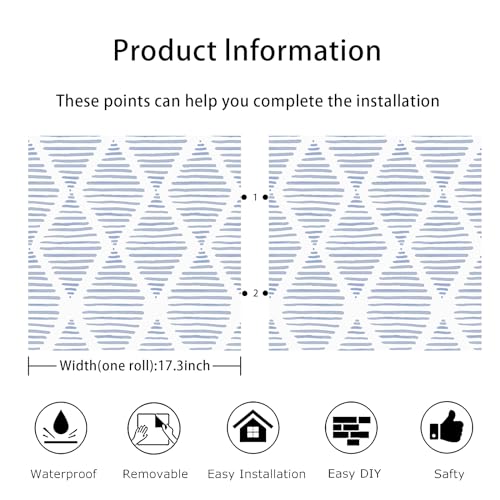 WENMER Geometric Peel & Stick Wallpaper - 17.3' x 118' Blue & White Striped Contact Paper for Restroom & Bedroom