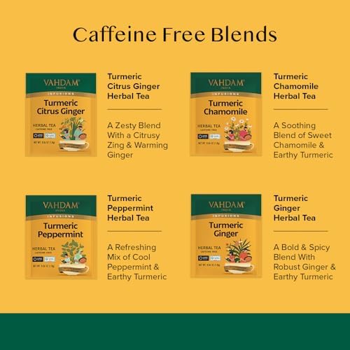 VAHDAM, USDA Organic Turmeric Herbal Tea Sampler (20 Tea Bags, 4 Flavors), Caffeine-Free, Gluten-Free |Turmeric with Citrus, Ginger, Chamomile & Peppermint Tea Variety | Individually Wrapped