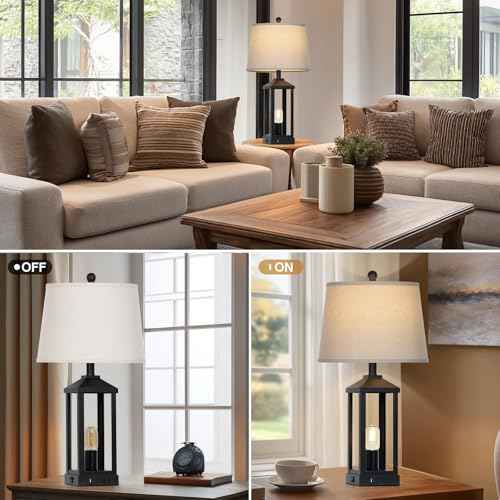 28" Tall Vintage Table Lamp Set of 2 with USB C+A & Outlet,Black Industrial End Table Lamp for Living Room,Farmhouse Rustic Bedside Lamps Set of 2 with Night Light ,Vintage Bedroom Lamp for Nightstand