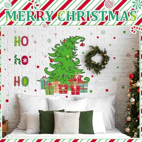 3 Sheets Christmas Wall Decals Red Green Christmas Sticker Xmas Tree Sign Decor Holiday Red Green Polka Dots Decals Gift Removable Wall Stickers for Xmas Holiday Home Decoration