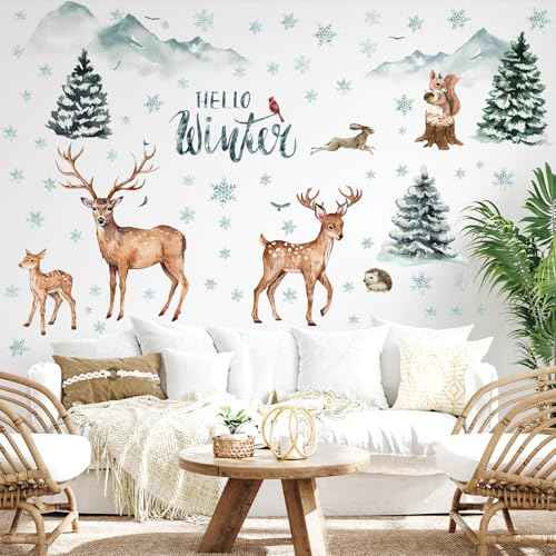 Kajaia Winter Christmas Forest Deer Wall Decals Stickers Woodland Pine Tree Animal Wall Decals Peel and Stick Snowflakes Rabbit Mountain Birds Stickers for Xmas Living Room Holiday Decor