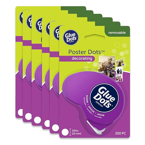 Glue Dots, Poster Dots Dot N' Go Dispenser, Removable, Double-Sided, 3/8", .38 Inch, 1200 Dots, DIY Craft Glue Tape, Sticky Adhesive Glue Points, Liquid Glue Alternative, Clear, 6 Pack
