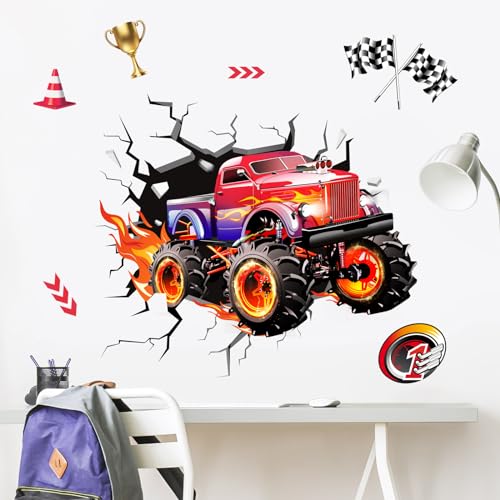 Supzone 3D Racing Car Wall Decals for Boys Room, Fast Racing Truck Break Through The Wall Vinyl Wall Sticker for Kids Room Nursery Playroom Classroom