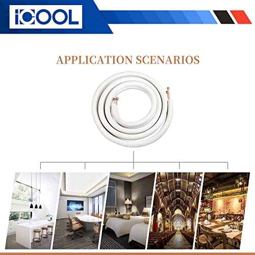ICOOL 10 Ft. Mini Split Line Set, 1/4" & 3/8" O.D. Twin Copper Pipes, 3/8" Thickened PE Insulated Coil Copper Line for Air Conditioner HVAC Refrigeration and Heating Equipment, with Fittings