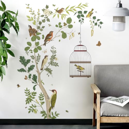 Removable Tree Bracnch Wall Decal Fresh Plant Leaves Wall Sticker Birds and Hanging Birdcage Wall Decor for Kids Girls Baby Boys Bedroom Living Room Bathroom Playroom Classroom Nursery Decoration