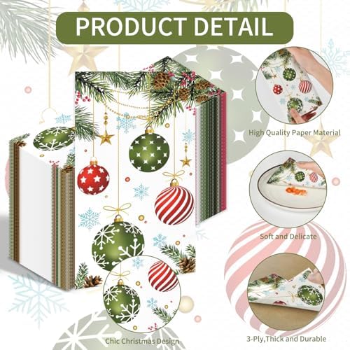 100PCS Christmas Paper Napkins Xmas Hanging Ball Pine Cone Pattern Guest Towel Disposable 3 Ply Tree Ball Hand Napkins for Bathroom Winter Holiday Christmas Cocktail Party Supplies
