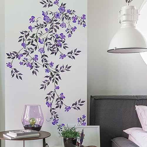 Supzone Purple Vine Flowers Wall Decal Hanging Vine Branch Floral Wall Stickers Self-Adhesive Wall Art Decor for Living Room Bedroom, Office, Sofa, TV Backdrop Home Decor