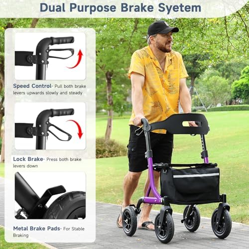 Rollator Walker for Seniors, Foldable All Terrain Rolling Walker with seat, Aluminum Walkers with 10 inch Rubber Wheels, Built-in Cable, Cup Holder, Adjustable Handles and Backrest for Seniors, Purple