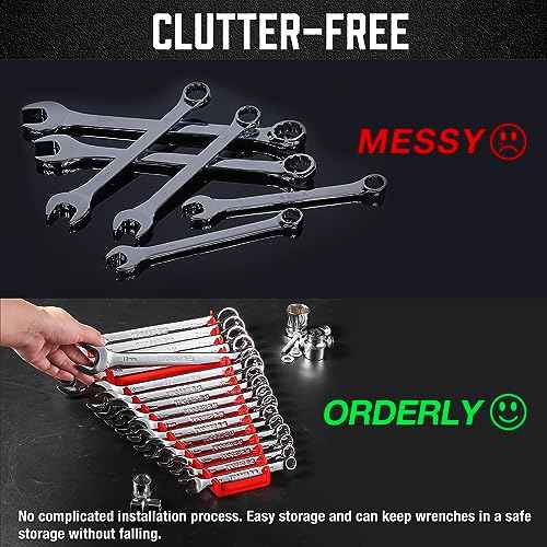 ALOANES 64-Slot ABS Plastic Wrench Organizer, Standard Hanging Wrench Organizer for Tool Box and Wall, Fit SAE & Metric Wrench Storage, 4 Pack Lightweight Wrench Holder(Red)