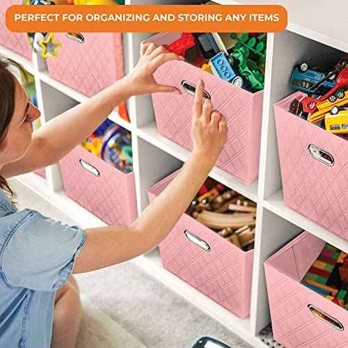 11 inch Pink Foldable Diamond Patterned Faux Leather Storage Cube Bins Set of Two with Handles for living room, bedroom and office storage
