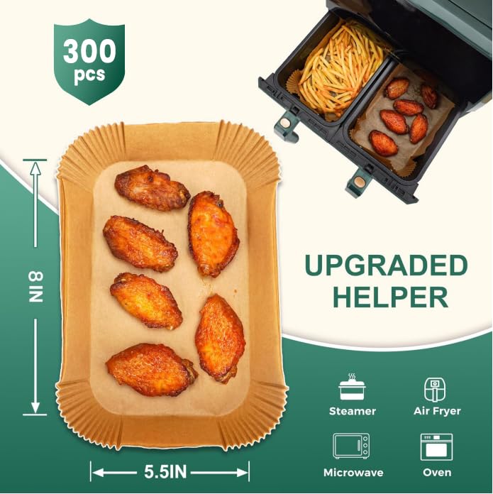 Vailnd 300Pcs Air Fryer Paper Liners Disposable, 8x5.5" Rectangle Parchment Paper, Sheets, Non-stick Liners for Rectangular Airfryer Basket Oilproof Waterproof