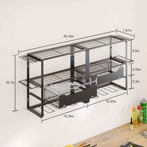 Power Tool Organizer Wall Mount, Tool Organizer and Storage for Garage, 8 Drill Holder with 2 Tool Drawers, 4 Layer Garage Tool Rack, Garage Wall Organizer with Screwdriver/Plier/Hammer Holder(Black)