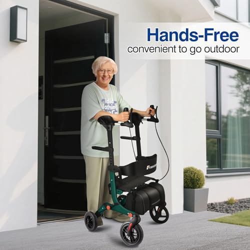 Lightweight Upright Rollator Walker All-Terrain Foldable with seat and Adjustable Height backrest, 300 lbs Capacity, 10" Front & 8" Rear Wheels for Seniors, Adults, bariatric, Includes Cane Holders