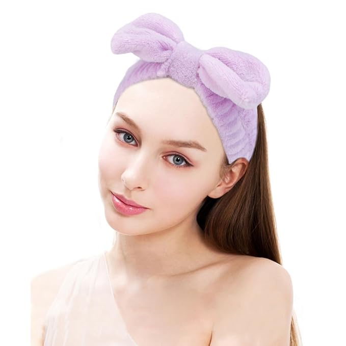 SPA Headbands for Washing Face Makeup Headbands with Bow Hair Band Women Facial Head Band Wrist Towel Wraps For Shower Face Mask Purple, 6 Pack