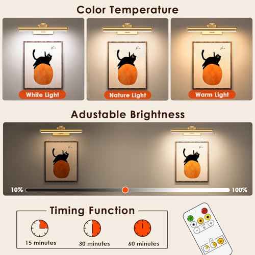 Picture Light for Wall with Remote, Wireless Battery Operated Wall Lights with 3 Colors Dimmable & Timer, 12.6" Rechargeable Metal Wall Sconce for Living Room, Artwork Gallery Display, Gold-2Pack