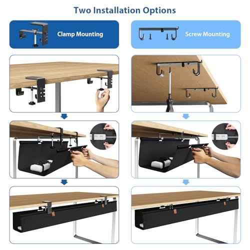 Zilink No Dril Under Desk Cable Management Tray 40" Cable Organizer Clamp/Screw Mount Premium Fabric Desk Wire Management for Office Home