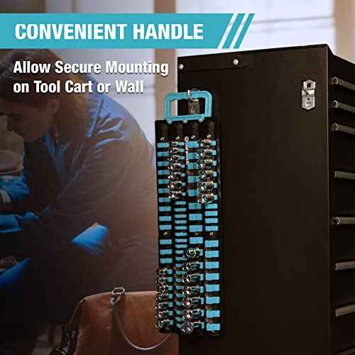 DURATECH Socket Organizer, 80-Piece Portable Socket Holder with Handle, ABS Sockets Tray Wall and Tool Cart Mounted, 1/4", 3/8", 1/2" Drive, Blue(Socket not Included)
