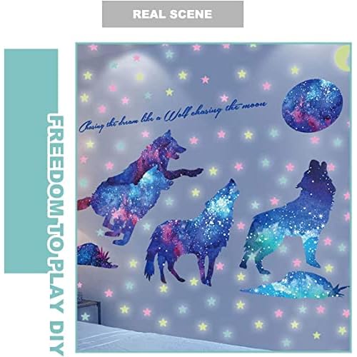 Starry Sky Galaxy Wolf Room Decor Wall Decal and Glow Moon Star Stickers RUIPBOTE Teen Bedroom Wall Decor Murals