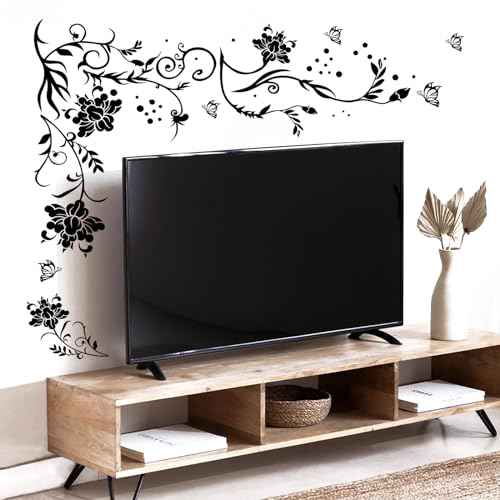 Supzone Flowers & Butterflies Wall Decals - DIY Black & Floral Wall Stickers for Bedrooms & Living Rooms