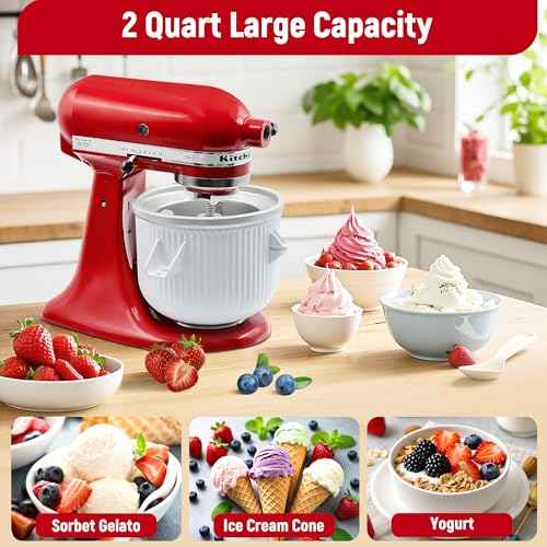 Ice-Cream-Maker-Attachment for Kitchen Aid, 2Qt IceCream Bowl Compatible with 4.5/5Qt and 6Qt KitchenAid Stand Mixers, Frozen Yogurt Ice Cream & Sorbet Gelato Maker, Not Fit Artisan Mini 3.5Qt Mixer