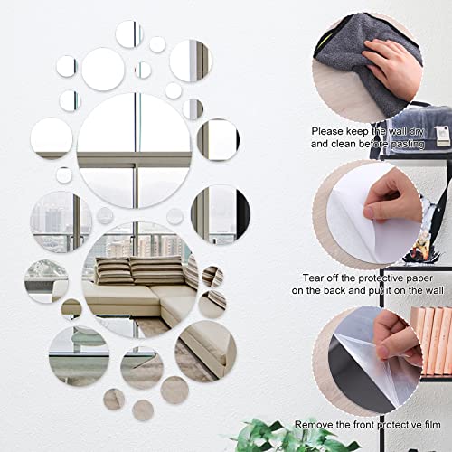 32 Pcs Acrylic Mirror Wall Stickers, Removable Wall Decal Mirror Set, Bathroom Wall Sticker Art, Circle Ceiling Mirrors for Bedroom, Home, Living Room, Sofa TV Background Decor (Medium)