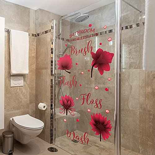 Set of Bathroom Wall Decals Stickers Wash Brush Flush Floss Bathroom Rules Wall Decor Sticker Waterproof Flower Sign Decals for Kitchen Home DIY Decorations