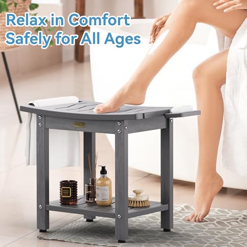 YEFU Shower Chair for Inside Shower: 21 Inch Oversized Waterproof/No Maintenance - Shower Stool with Shelf & Handle 400 LBS - Bathrooms/Outdoor - Non-Slip Easy Assemble Bench for Adult/Elderly/Grey