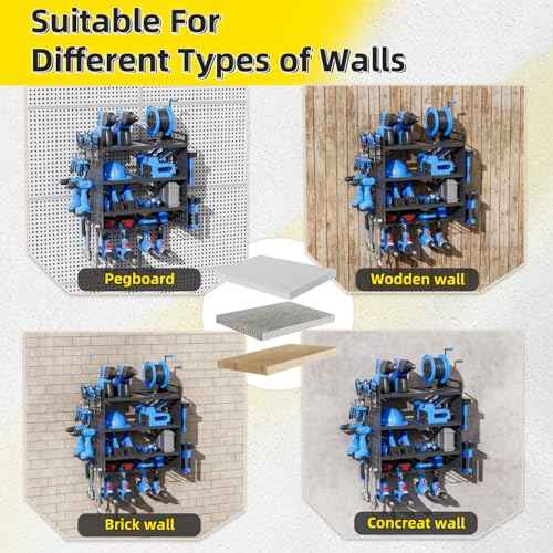 Power Tool Organizer Wall Mount with Charging Station, 4 Layers 4 Drill Holder, Heavy Duty Storage Utility Racks, Supports 600 lbs,Battery Shelf for Garage and Workbench (16 Inch 4 Drills Holder)