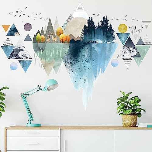 Nordic Geometric Wall Stickers, Removable DIY Mountain Reflection Wall Decal Murals Peel and Stick 3D Wall Art Stickers Murals Home Decor for Boy Bedroom Nursery Rooms Living Room