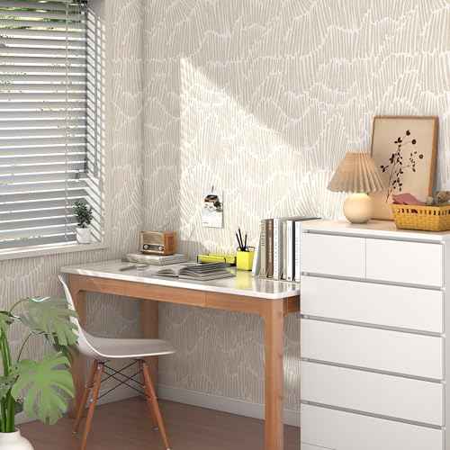 Beige Wallpaper 17.3"¡¿78.8" Modern Striped Peel and Stick Wallpaper Boho Removable Self Adhesive Wall Paper for Bedroom Waterproof White and Gold Contact Paper for Cabinets Vinyl